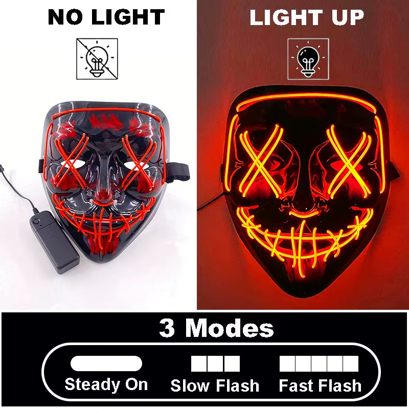 Máscara LED de Halloween Brillante para Fiesta, Máscara de Mitad de Cara, Neon Luminoso, Disfraces 🎭💡